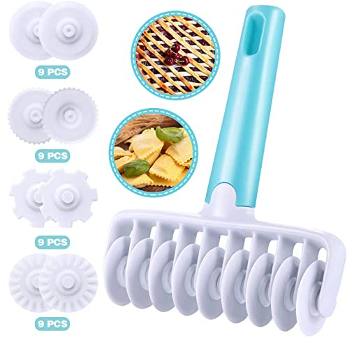 Pastry Dough Lattice Cutter Wheel Roller Fondant Ribbon Cutter with 4 Different Gears Embosser Set Household Time-Saver Baking Pastry Tools for Dough Cookie Pie Pizza Bread Pastry