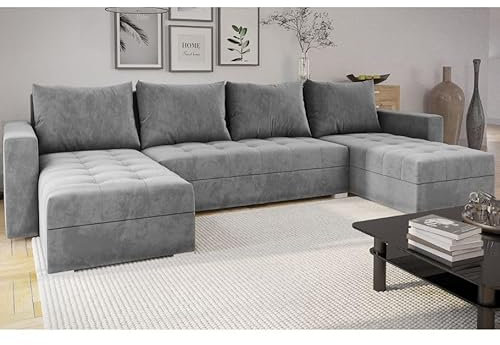 MODERNO Ecksofa mit Schlaffunktion und Bettkasten FORSET U - Sofa mit +3 Sitzen - Schlafcouch Wohnlandschaft U Form - Modern Couch 301x145x80 cm - Big Sofa XXL Grau