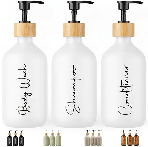 FCINNOVA Dispensador Jabon Baño blanco mate 500ml Set de 3 Botes para Gel y Champu Acondicionador y Embudo para rellenado Este Dosificador Jabon Baño es elegante practico y mantendra su ducha ordenada
