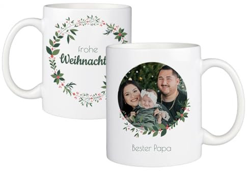 ORWO Weihnachtstassen | 300 ml Keramiktasse personalisiert für Weihnachten | Fototasse mit festlichem Design gestalten: handgemacht in Deutschland | spülmaschinenfest und langlebig (Weihnachtskranz)