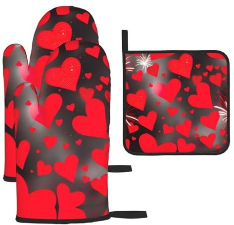 Set di 3 guanti da forno e presine con cuori rossi e fuochi d'artificio natalizi, guanti da cucina resistenti al calore
