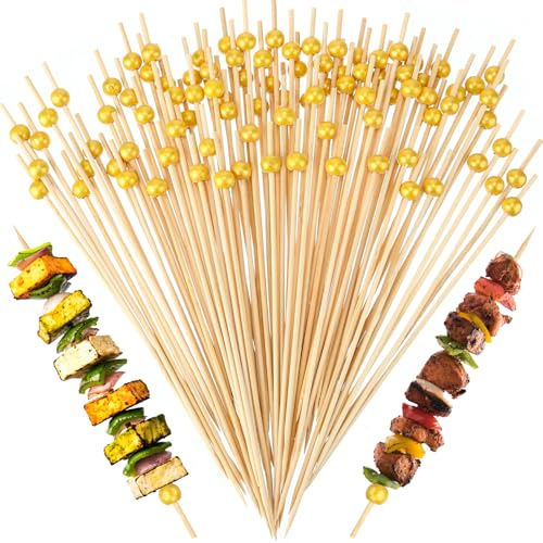 LOYIM 100 Pcs 8 Inch Long Cocktail Picks Fancy Toothpicks for Appetizer Bamboo Cocktail Sticks for Fruit Drink Dessert Barbecue Charcuterie Pearl Skewers for Wedding Birthday Baby Shower Party (Gold)