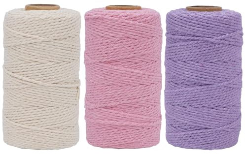 FOGAWA 3 Rotoli Corda Macrame 2 mm x 100 m set di filati macramè Corda di Cotone Filo macramè per La Tessitura per Arazzo, appendere per piante, Confezione Regalo(rosa+beige+viola chiaro)