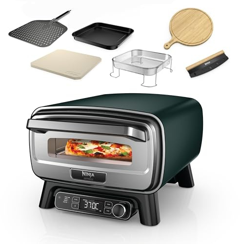 Ninja Artisan Electric Outdoor Pizza Oven & Air Fryer, 4 Functions: Pizza, Air Fry, Bake & Prove, 5 Pizza Settings, Includes Pizza Stone, Pizza Peel, Baking Tray & Air Fry Basket, Green, MO201AMZUK