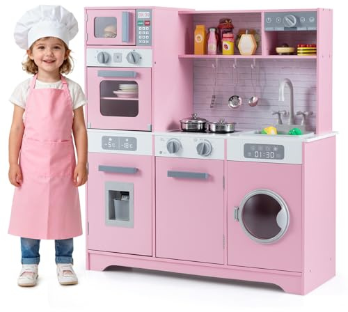 COSTWAY Kids Wooden Kitchen, Pretend Play Kitchen with Light, Sound, Sink & Faucet, Oven, Washing Machine, Microwave, Water Dispenser, Utensils, Children Chef Role Playset for Boys Girls (Pink)