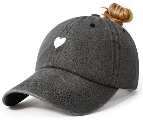Voqeen Dam basebollkeps hästsvans vintage damer solkepsar sommar justerbar med höga ponnysvansar hål broderad tvättad solhatt unisex, B-svart, one size