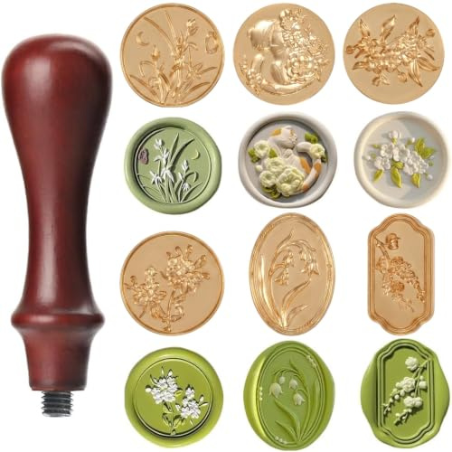 6 Têtes Sceau Cire Ensemble de Tampon Cire en Alliage avec Manche en Bois, Cachet de Cire Hiver Floral pour Invitations de Mariage, Lettres et Cadeaux DIY