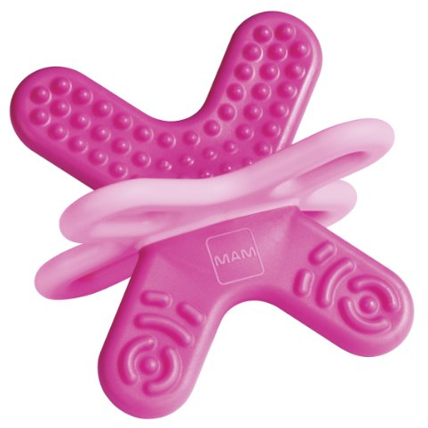 MAM Bite & Relax Phase 2 Mini Beißring, Zahnungshilfe speziell für die Backenzähne, extra leichter Beißring für Babys in 3D-Form, ab 4+ Monate, pink
