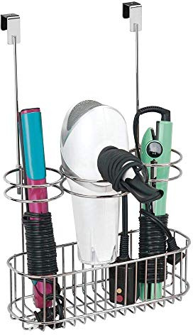 mDesign Over-Cabinet Hair Care Tools Holder for Hair Dryer, Flat Iron, Curling Wand, Straightener - Chrome