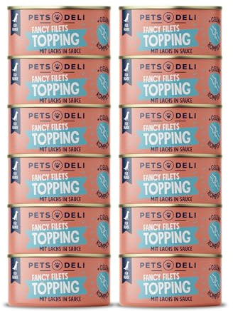 Pets Deli Fancy Filet Topping Huhn & Lachs in Sauce mit Gelenk-Komplex für Hunde als Ergänzung zum Futter 12x70g