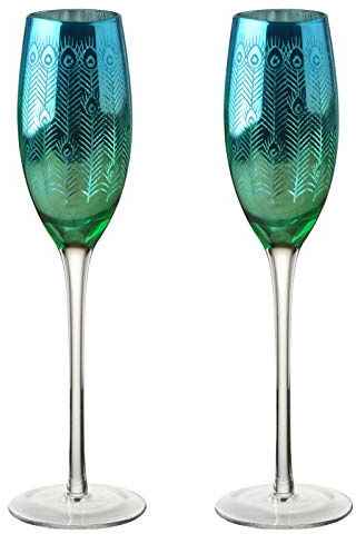 Artland - Lot de 2 flûtes à champagne Paon - Bleu/vert et argenté | Capacité de 200 ml par verre | Un cadeau de fiançailles ou de mariage