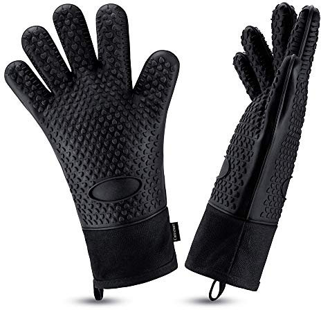 Comsmart Grillhandschuhe, hitzebeständige Silikon-Grillhandschuhe, lang, wasserdicht, Grillhandschuhe mit innerer Baumwollschicht für Grillen, Kochen, Backen, Smoker (schwarz)