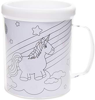 8202 Einhorn Kindertasse zum selbst bemalen, inkl. 6 Buntstifte und 3 Malvorlagen, Einhorn-Motiv, Unicorn, Becher Kids Tasse selbst gestalten, Kinder-Becher
