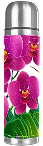 Bouteille d'eau isotherme en acier inoxydable avec fleurs d'orchidée florale avec colibri et papillons, Gourde 500 ml pour le bureau, l'école, les voyages