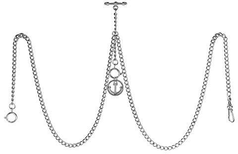 TREEWETO Taschenuhrkette mit T Bar Endstück Gesamtlänge 72cm Doppel Albert T-Bar Taschenuhr Kette mit Antiker Anker-Anhänger und 3 Haken für Weste Knopfloch
