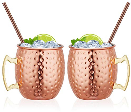 Hossejoy Moscow Mule Copper Mugs, Set of 2, 100% Handcrafted Pure Solid Copper, 18.65 oz, Food Safe, Cocktail Cups with 2 Straws