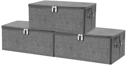 ANMINY 3PCS Storage Bins with Zipper Lids 13 Qt Lidded Fabric Storage Boxes Baskets Cubes with Handles Collapsible Washable Cotton Linen Closet Shelf Clothes Organizer Containers - Gray, Small