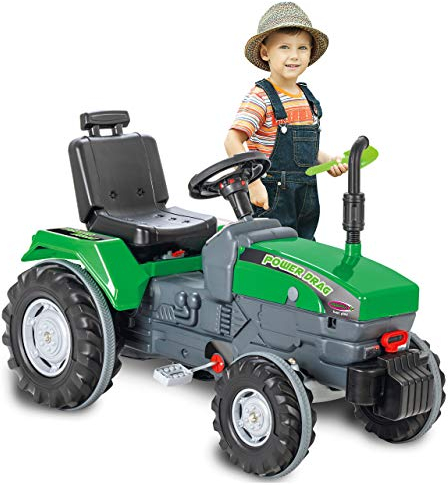 Trettraktor Power Drag - Kippschutz, Hupe, Verstellbarer Sitz Motorhaube aufklappbar, Anhängerkupplung, Antrieb durch Treten der Pedale