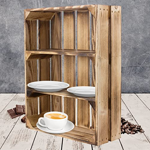 3 Regalkisten flach mit 3 Fächern in geflammter Optik - Obstkiste mit Regalboden flambiert - neue flammbierte Holzkisten als Gewürzregal Wandregal Kosmetikschrank Badregal Küche 50x40,5x16cm