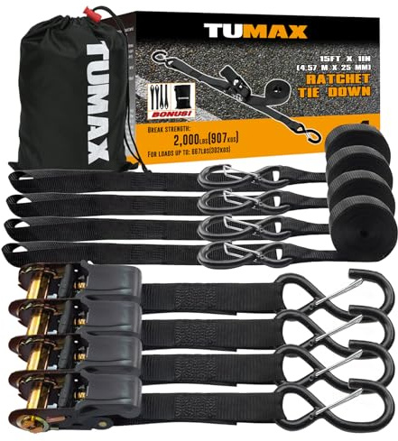 TUMAX Ratchet Tie Down Straps – 4PK 1in x 15ft Heavy Duty Ratcheting Strap 2000lbs Break Strength, Cargo Strap Tie Down Set with Padded Handles & Coated Safety Clip for Motorcycle, Truck, Black