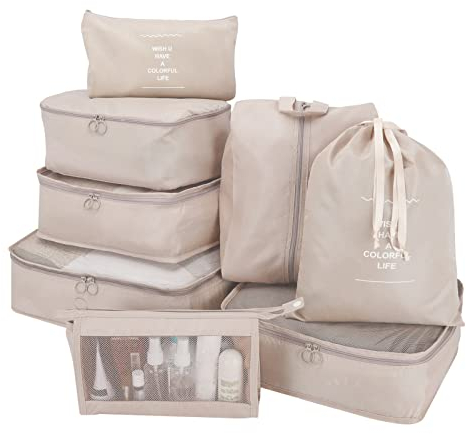wiipara Packwürfel Set 8-teilig, Koffer Organizer Packing Cubes Set, Wasserdichte Kofferorganizer mit Schuhbeutel & Kosmetiktasche – Leicht & Reißfest für Reisen (Beige)