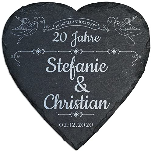 mtb more energy Personalisierbare Schiefertafel Herz ''20 Jahre Porzellanhochzeit'' - individuell anpassbar - 25x25 cm - Laser Gravur auf Schieferherz - Hochzeit Geschenk
