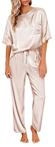 Ekouaer Womens Silk Satin Pajamas Set Two Piece Pj Sets Sleepwear Loungewear Short Sleeve Pj Sets Champagne
