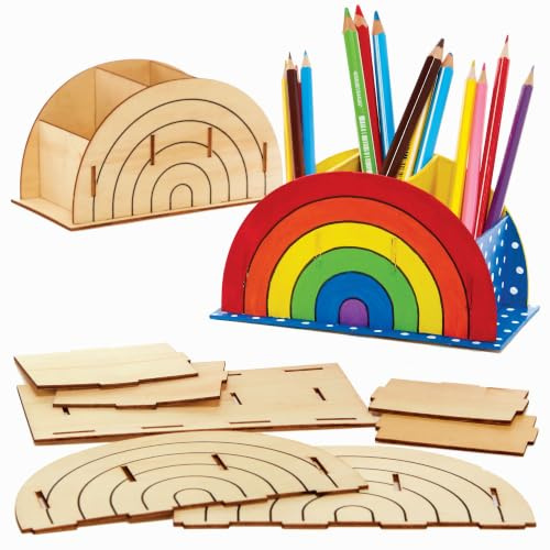 Baker Ross FC775 Regenbogen Holz Stifte Topf Bastelset - 2er-Pack, Holz Stifteboxen zum Bemalen Schreibtisch Organisation