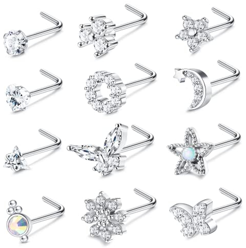 Dochais 12 Stück Nasenstecker 316L Edelstahl Set, Nasenstecker L Form, Nasenpiercing Stecker, Knorpel Barbell Piercing für Frauen Männer 20G