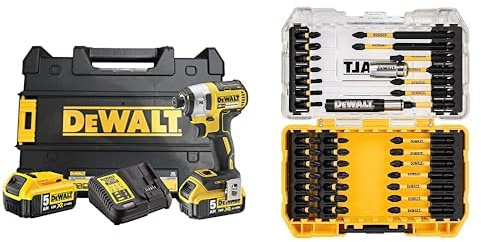 DEWALT DCF887P2-QW - Atornillador de Impacto sin escobillas XR 18V 1/4 205Nm con 2 baterías Li-Ion 5,0Ah con maletín TSTAK, 400 W, 18 V, Negro Y Amarillo & DT70731T - Juego de destornilladores, Negro