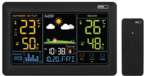 EMOS Trådlös väderstation med färgdisplay och utomhussensor, termometer, hygrometer, barometer, väderprognos, datum och klockvisning, väckarklocka, smiley-indikator, inkl. strömförsörjning