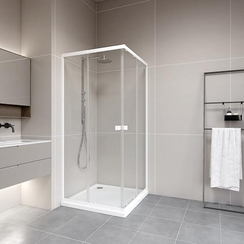 Marwell Flexi Duschkabin 77–90 x 77–90 x 190 cm – hörndusch med justerbara aluminiumprofiler i matt vit – duschavskiljare med infällbara skjutdörrar för enkel rengöring