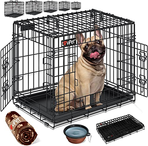 LOVPET® Hundekäfig klappbar Hundetransportkäfig Inkl. Fleecedecke + Napf Hundebox mit 2 Türen Transportkäfig Auto, Tiertransportbox Hundetransportbox mit Bodenschale 92,5 x 57,5 x 64 cm L Schwarz