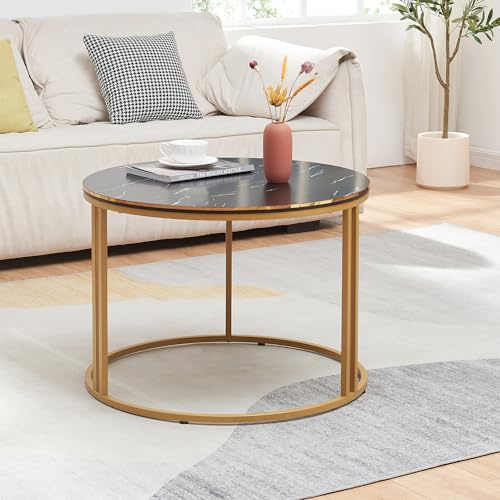 [en.casa] Aulum Soffbord, sidobord, 50 x 80 cm, soffbord av spånskiva och metall, soffbord för vardagsrum, sovrum, marmor, svart/guld
