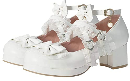 Women Cute Lolita Shoes Platform Mary Janes Kawaii Sweet Pumps,6,White