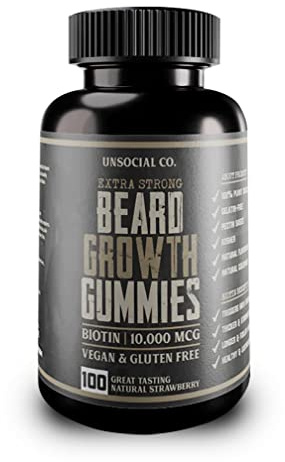 Unsocial Co. Extra Strong Beard Growth Vitamins Gummies | Biotin 10000 MCG | Promotes Strong & Thick Facial Hair Growth for Men | Beard Gummies for Men | Strawberry