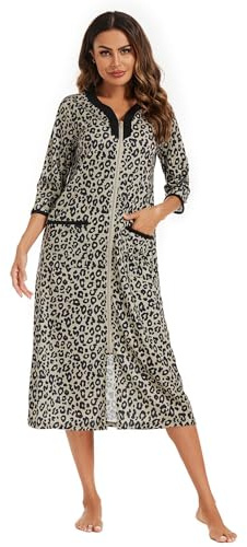 Verve Jelly Damen-Bademantel mit Reißverschluss, 3/4-Ärmel, Blumendruck, leicht, Hausmantel mit Taschen, Loungewear für Damen, Leopard 2, M
