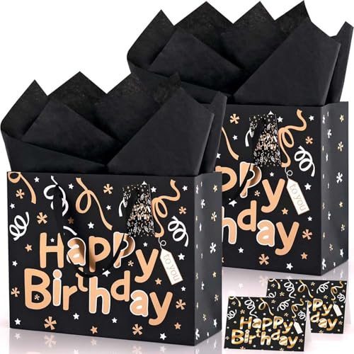 2 Stück Geburtstags Geschenktüten Groß, Schwarz und Gold Metallicfolie Geschenktüte mit Seidenpapier und Grußkarte, Papiertüten Happy Birthday mit Henkel, Geschenktaschen für Geburtstag, 33x26x12cm