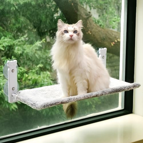 Cat window bed, 4 Strong Suction Cups Foldable Cat Bed for Indoor Solid Metal Frame and Soft Reversible Two Fabrics Cover Hold Up to 40lbs. (Grey, M)