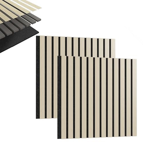 HENGMEI Akustikpaneele Holz Wand Holzpaneele 2er Set Wandpaneele Lamellenverkleidung Wandverkleidung aus Holzfunier und Filz Innendekoration Schalldämmend(60 x 60 cm, Weiß Eiche)