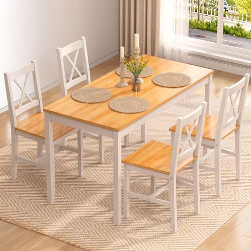 SogesPower Juego de Comedor para 4 Personas, Mesa de Comedor con 4 Sillas, Juego de Mesa de Cocina de Madera, Mesa de Comedor y Sillas, Juego de Muebles de Ahorro de Espacio para Cocina y Sala