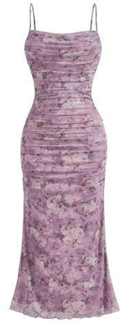 GORGLITTER Women's Floral Fishtail Midi Cami Dress Ruched Bodycon Elegant Holiday Sundress Mesh Long Dress Purple Large
