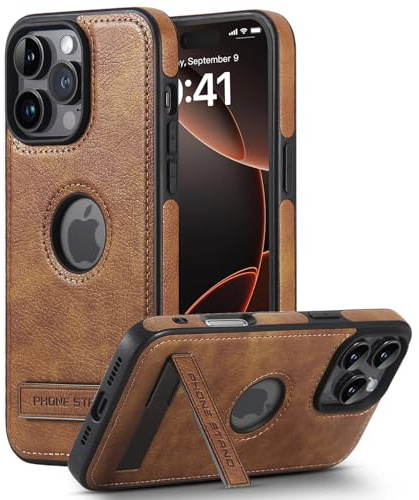 BinBoom Leather Case for iPhone 16 Pro Max, with Kickstand, Brown | Thin Flexible Soft Grip, Luxury Retro PU Leather + TPU Cover, Shockproof Drop Protection
