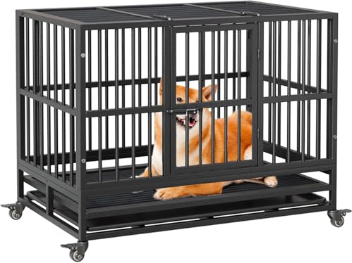Hundekäfig Hochbelastbar,Hundebox,Faltbarer Hundebox für Zuhause mit Doppeltür, 360° abschließbare Räder und abnehmbarem Tablett, für Mittlere und Große Hunde 94x58.5x74.8cm,Schwarz