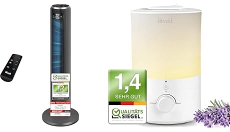 Levoit 23dB Leiser Turmventilator, Ventilator mit Kühlung+Dual 150-3L Luftbefeuchter mit Nachtlicht