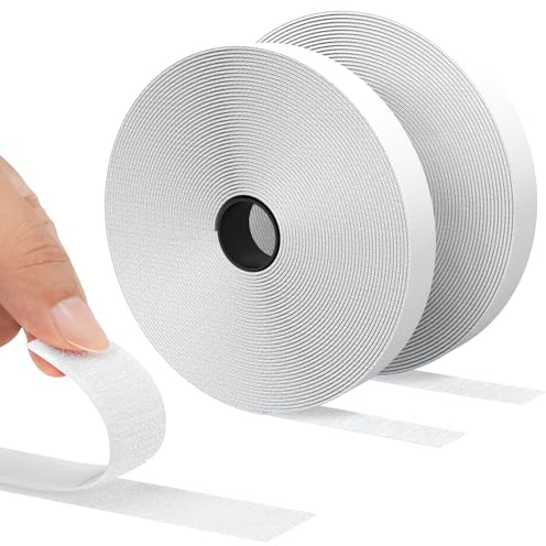 RAYNEAY Hook and Loop Tape, Self-Adhesive Double-Sided Hook Tape Roll 15m × 20mm, Nylon Fabric Fastener Fastening Strips for Clothes Crafting Screen Carpet, 2 Pack (White)