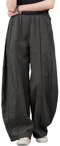 IXIMO Women's Linen Harem Pants Vintage Wide Leg Lantern Front Raw Frayed Patchwork Baggy Boho Lounge Trousers, Black, M