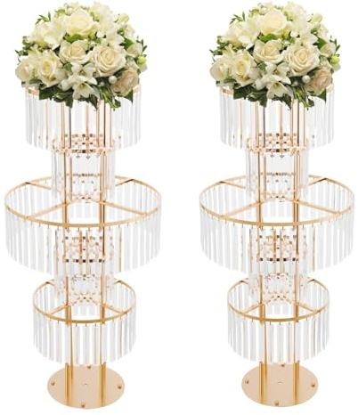 AYLYOTOY 5 Tier Crystal Flower Stand, 43.3 Gold Wedding Centerpieces Vase with Hanging Crystals, Round Chandelier Pedestal Stand for Wedding Reception Birthday Party Table Decor (Gold, 2PCS)
