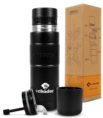 Cebador Mate Tee Thermosflasche Yerbomos XL 3in1 750ml Schwarz - Thermobecher Bombilla und Behälter für Pulver - Doppelwandig, Thermoisoliert - für Unterwegs, Reise & Büro - Verbesserte Dichtungen