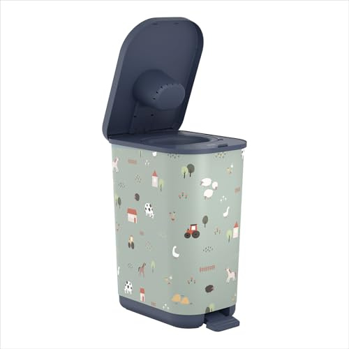 Rotho Babydesign YUMA geruchsdichter Windeleimer mit Pedal und 30 passenden Windelbeuteln, 40x28,5x51 cm (L xBxH) (Farm Animals)